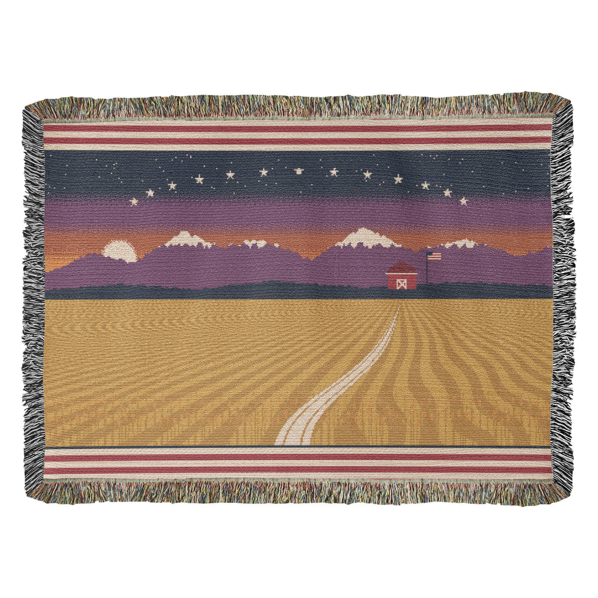 Amber Waves America the Beautiful Woven Throw Blanket – Amber Waves of Grain & Mountain Sunset Tapestry with Fringe, Patriotic Farmhouse Gift