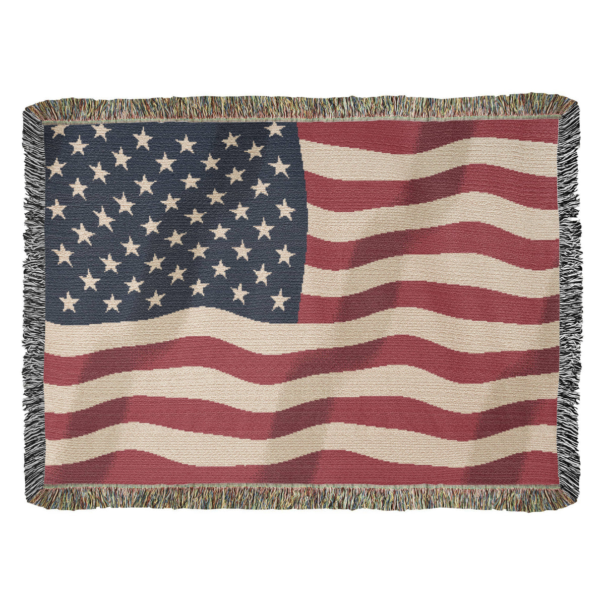 Old Glory in the Wind Waving American Flag Woven Throw Blanket – Old Glory Cotton Tapestry with Fringe, Patriotic Living Room Decor, Made in USA
