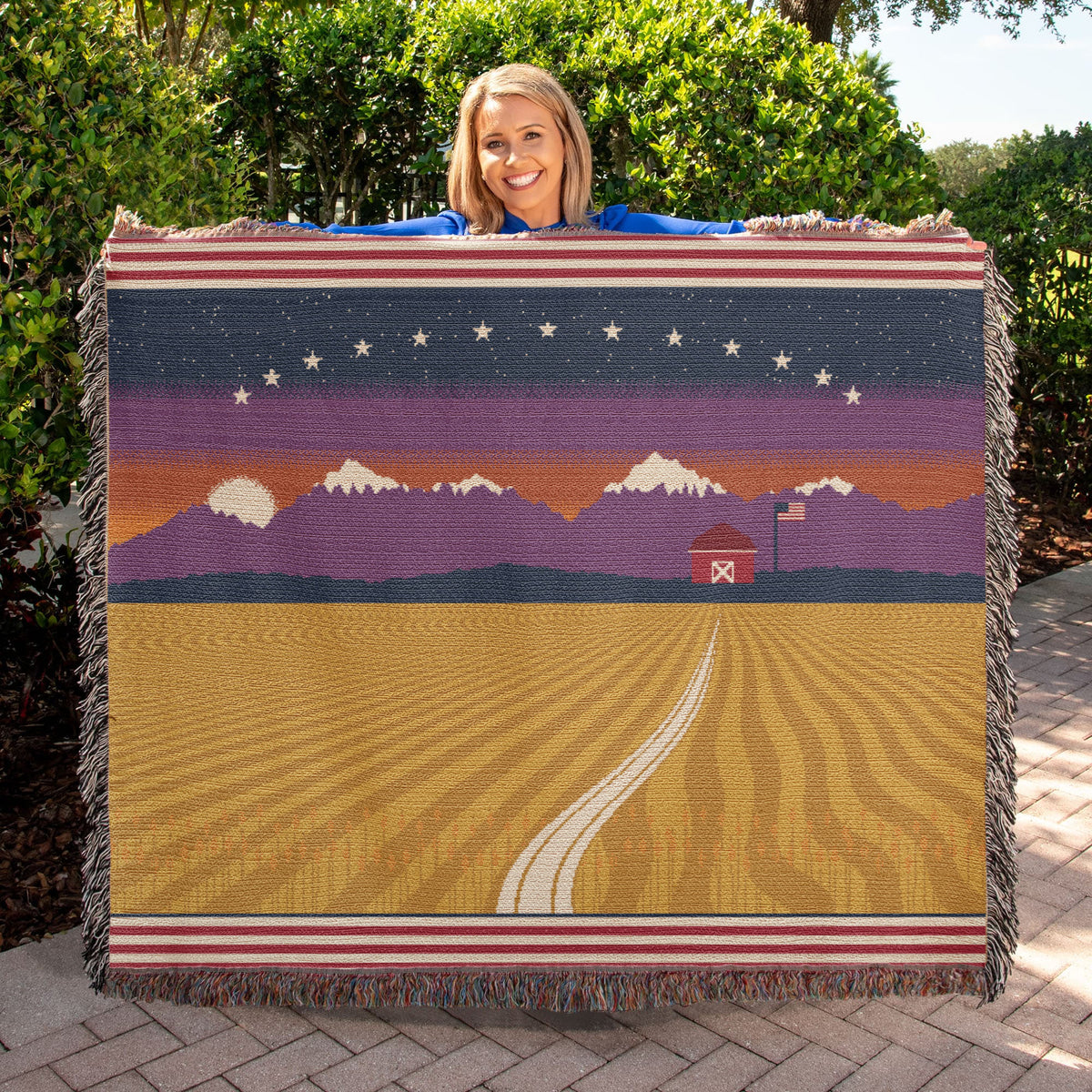 Amber Waves America the Beautiful Woven Throw Blanket – Amber Waves of Grain & Mountain Sunset Tapestry with Fringe, Patriotic Farmhouse Gift
