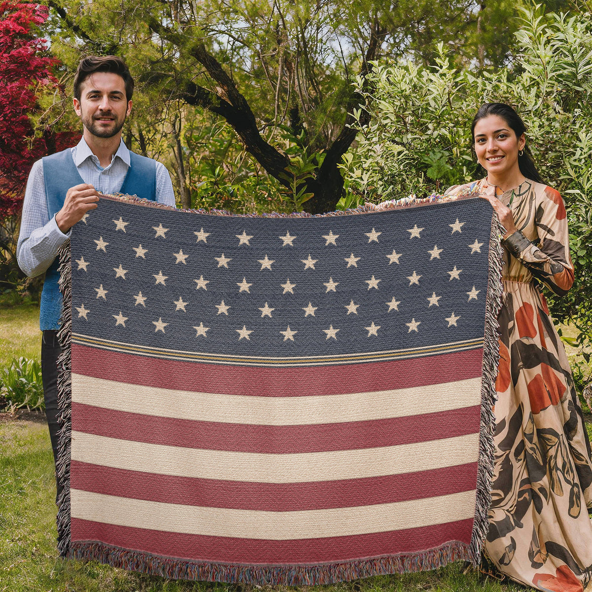 Stars & Stripes Stars and Stripes Woven Throw Blanket – Vintage Americana Cotton Tapestry with Fringe, Patriotic Cabin Decor, Made in USA