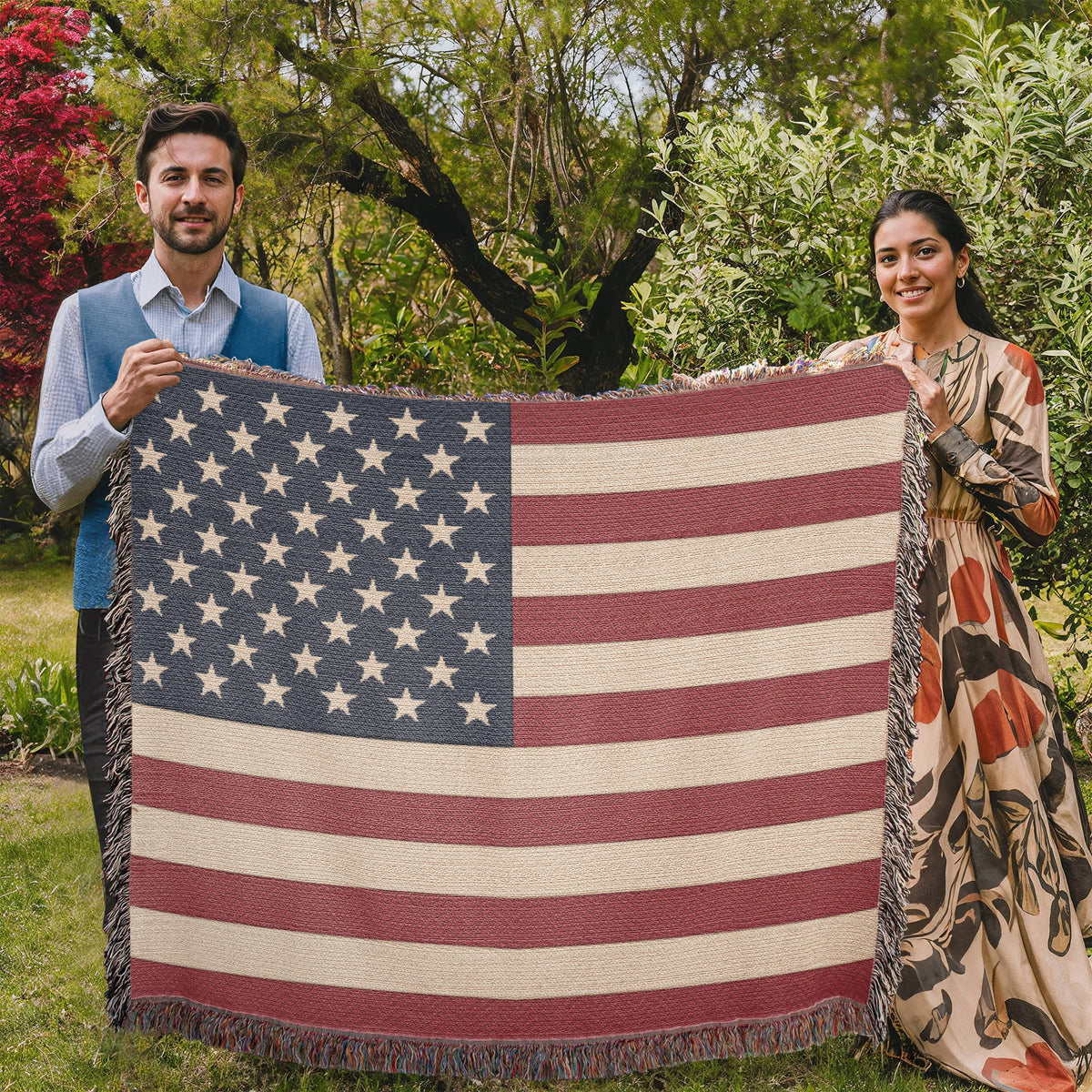 Old Glory American Flag Woven Throw Blanket – 50 Star Heirloom Cotton Tapestry with Fringe, Patriotic Home Decor, Made in USA
