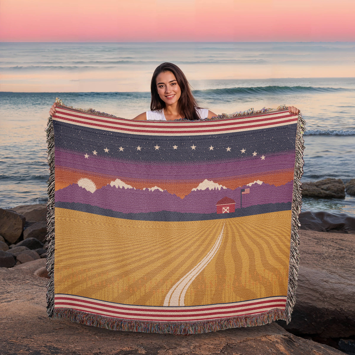 Amber Waves America the Beautiful Woven Throw Blanket – Amber Waves of Grain & Mountain Sunset Tapestry with Fringe, Patriotic Farmhouse Gift