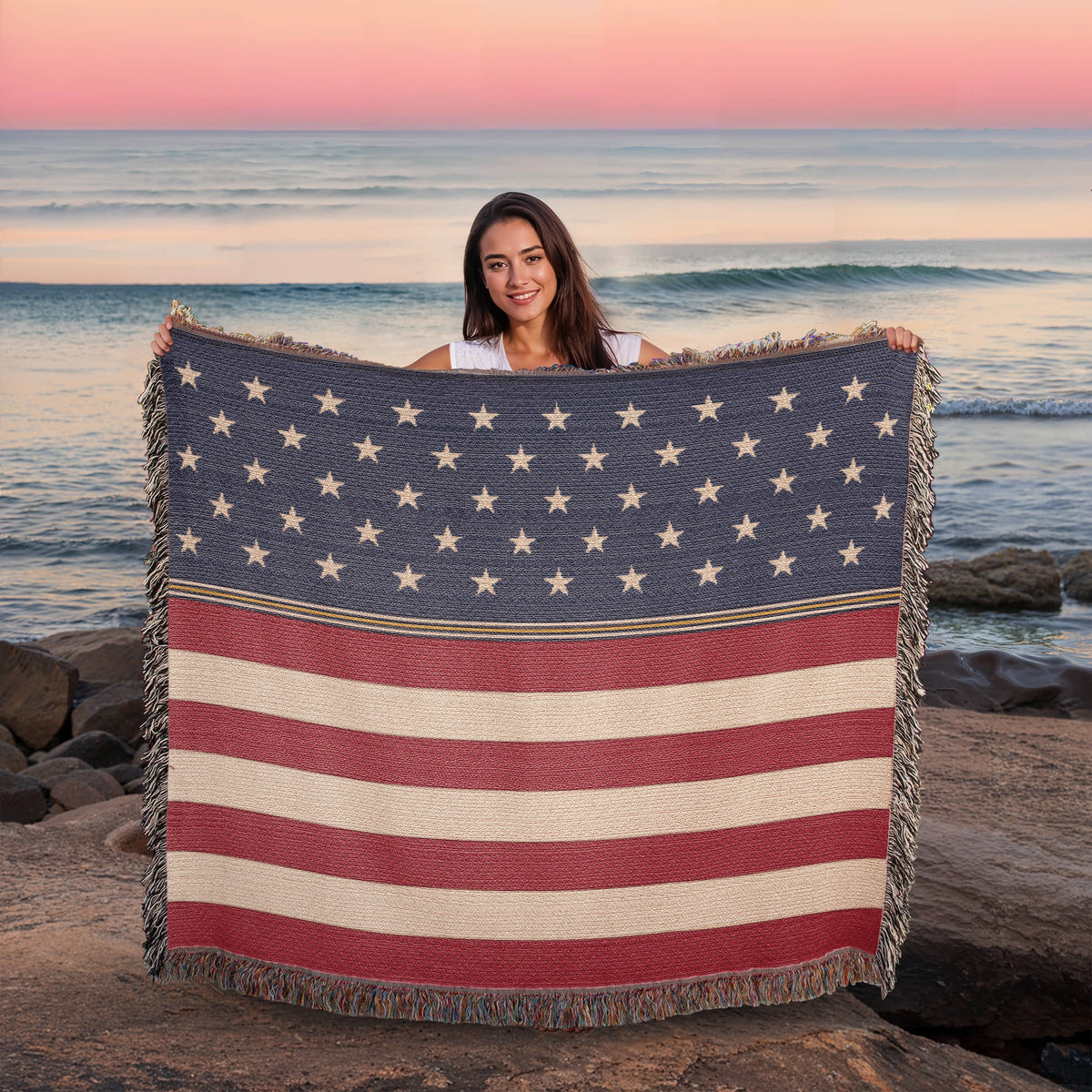 Stars & Stripes Stars and Stripes Woven Throw Blanket – Vintage Americana Cotton Tapestry with Fringe, Patriotic Cabin Decor, Made in USA