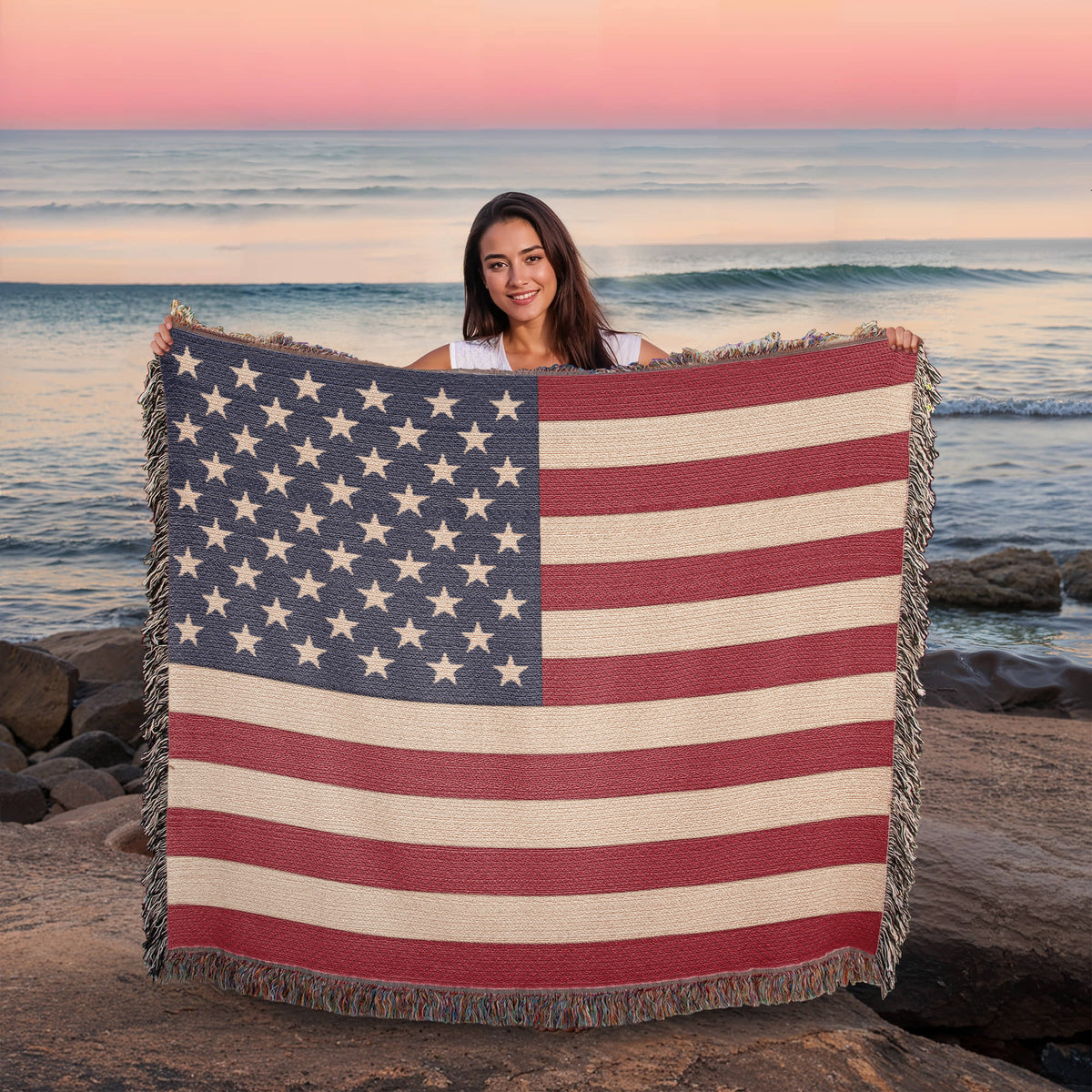 Old Glory American Flag Woven Throw Blanket – 50 Star Heirloom Cotton Tapestry with Fringe, Patriotic Home Decor, Made in USA