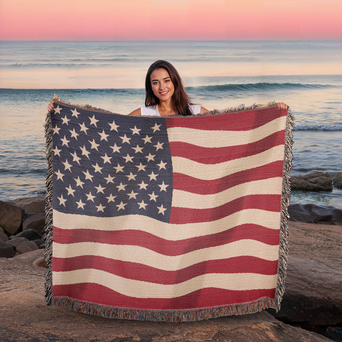 Old Glory in the Wind Waving American Flag Woven Throw Blanket – Old Glory Cotton Tapestry with Fringe, Patriotic Living Room Decor, Made in USA