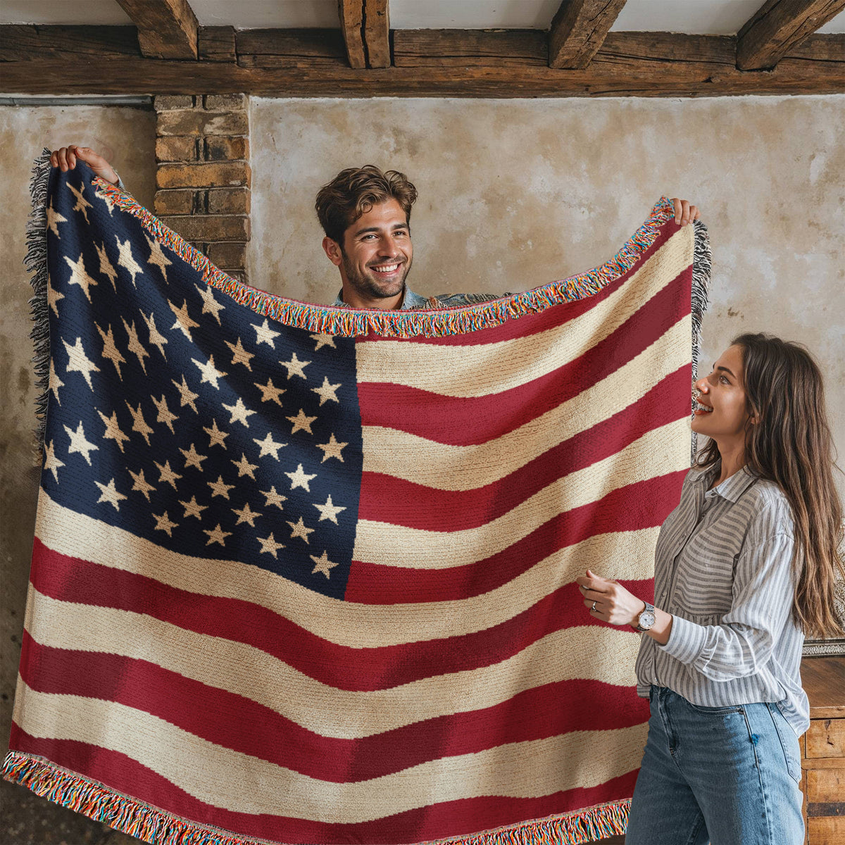 Old Glory in the Wind Waving American Flag Woven Throw Blanket – Old Glory Cotton Tapestry with Fringe, Patriotic Living Room Decor, Made in USA