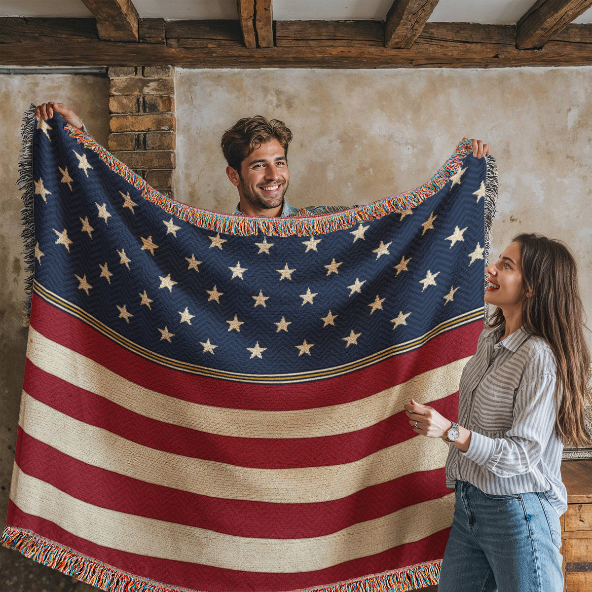Stars & Stripes Stars and Stripes Woven Throw Blanket – Vintage Americana Cotton Tapestry with Fringe, Patriotic Cabin Decor, Made in USA