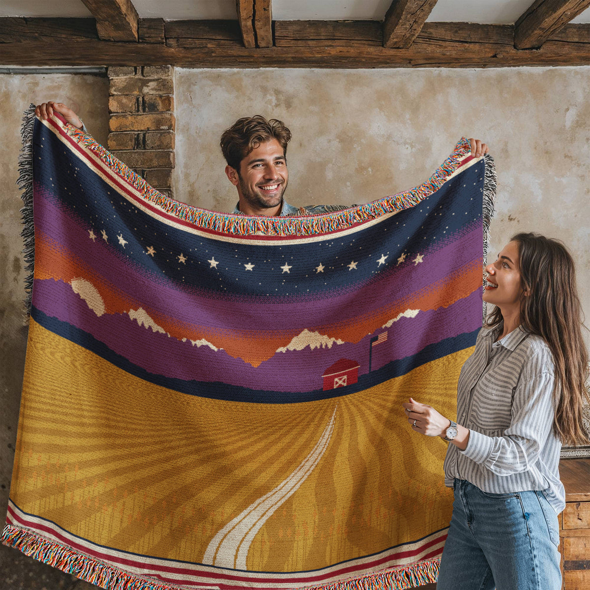 Amber Waves America the Beautiful Woven Throw Blanket – Amber Waves of Grain & Mountain Sunset Tapestry with Fringe, Patriotic Farmhouse Gift