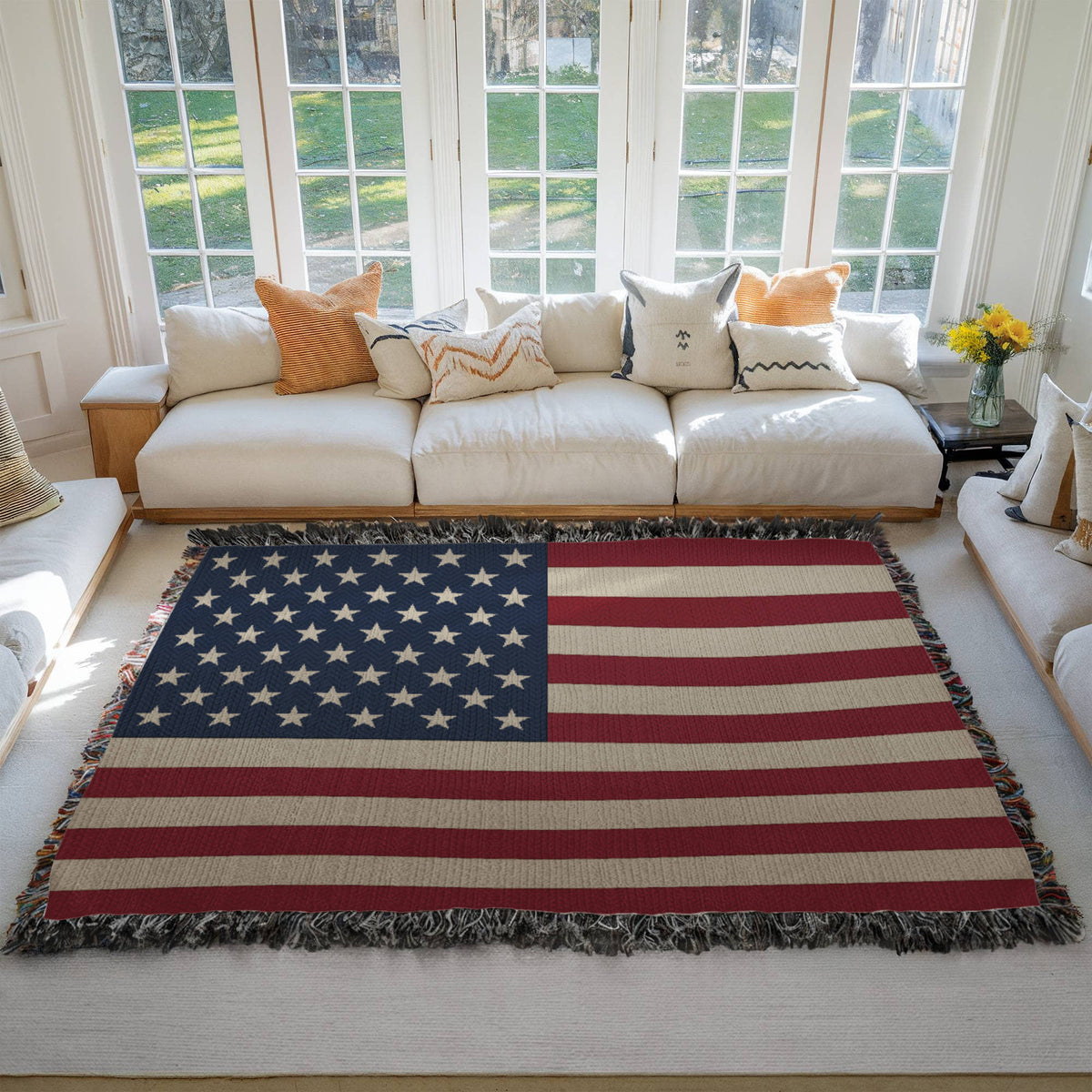 Old Glory American Flag Woven Throw Blanket – 50 Star Heirloom Cotton Tapestry with Fringe, Patriotic Home Decor, Made in USA