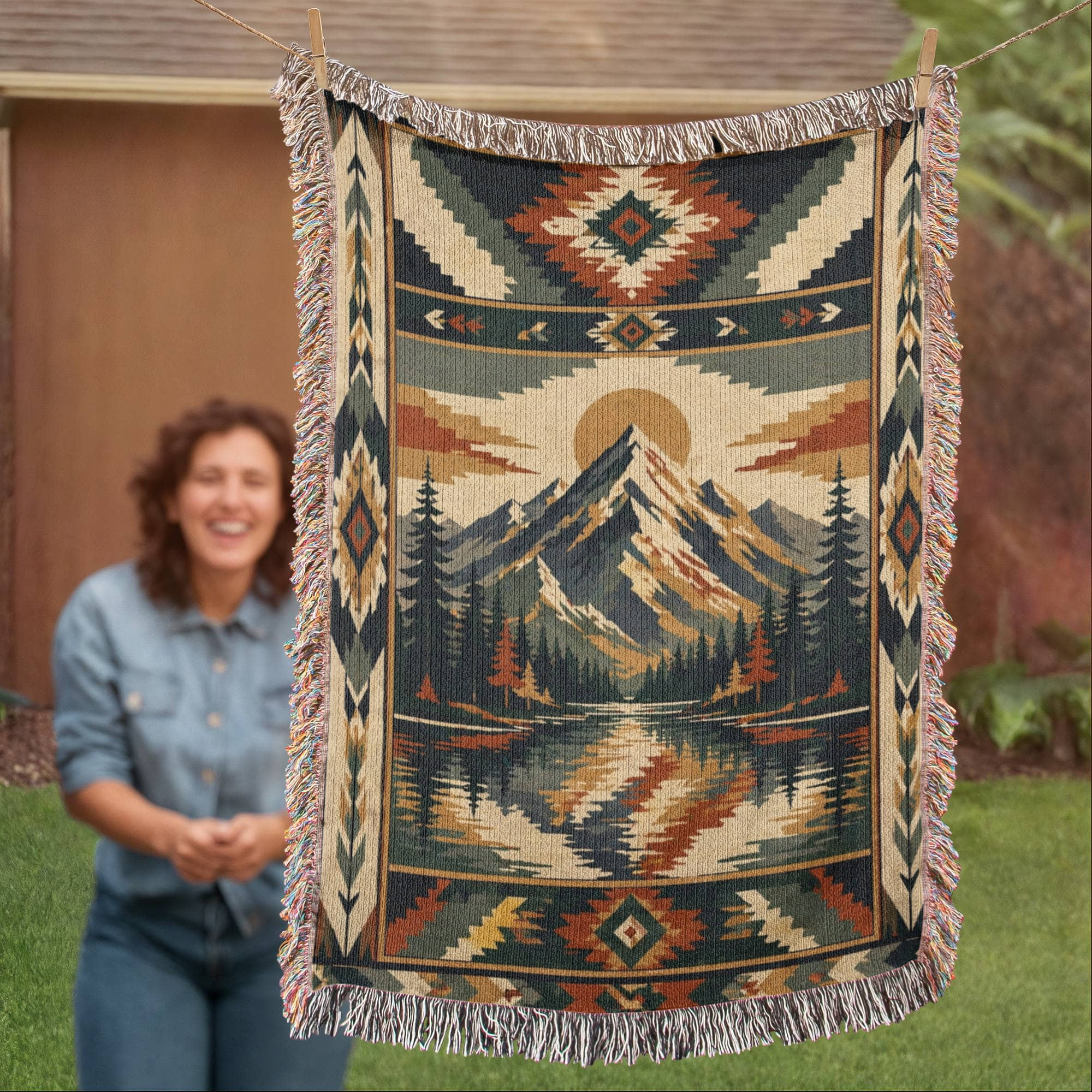 Alpine Crest Woven Blanket — 100% Cotton Jacquard Throw Mountain Lodge Design