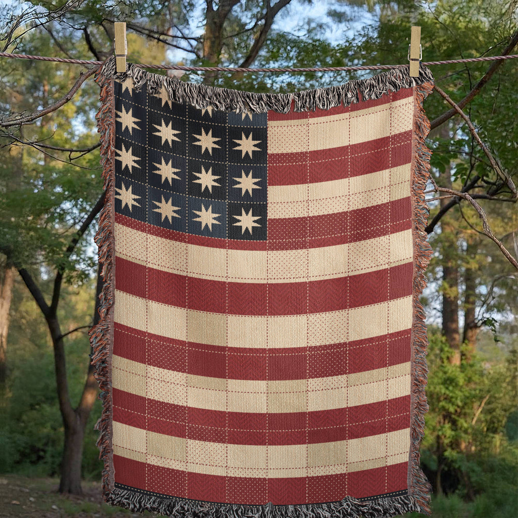Quilt Style American Flag Woven Throw Blanket – Patchwork Star Americana, Farmhouse Cotton Tapestry, Made in USA