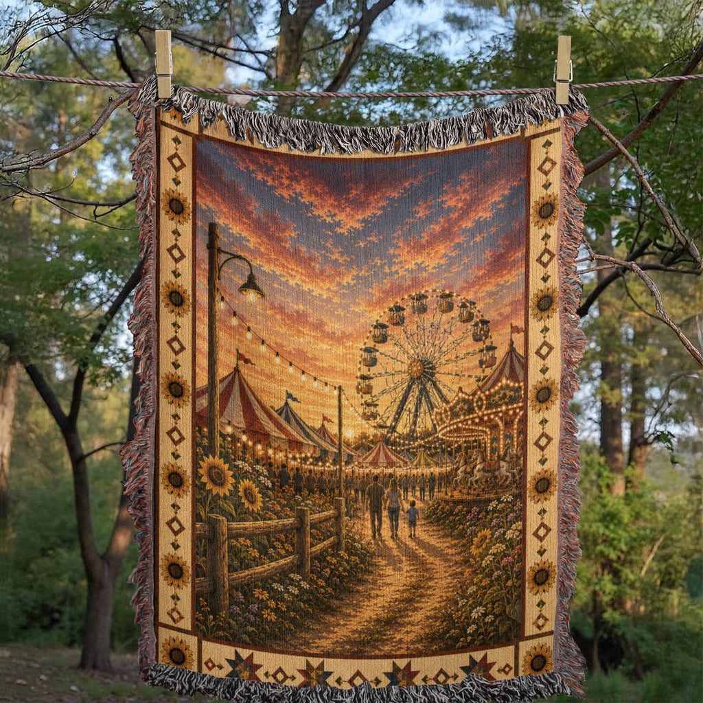 The County Fair heirloom woven blanket flat lay — full design view showing Ferris wheel, striped tents, sunflowers, family silhouettes, and sunflower star border — Trini Skies