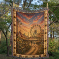 The County Fair heirloom woven blanket flat lay — full design view showing Ferris wheel, striped tents, sunflowers, family silhouettes, and sunflower star border — Trini Skies