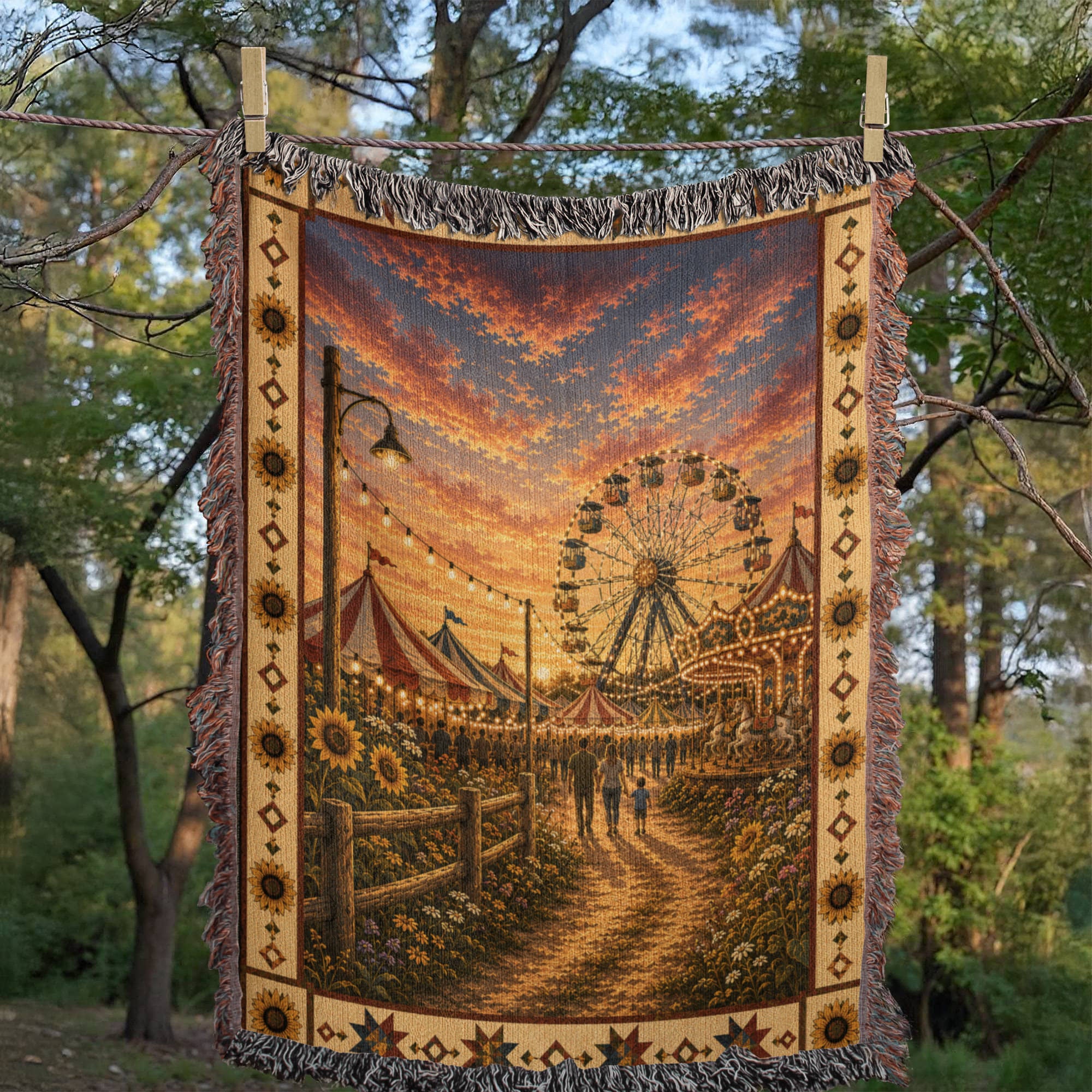 The County Fair heirloom woven blanket flat lay — full design view showing Ferris wheel, striped tents, sunflowers, family silhouettes, and sunflower star border — Trini Skies