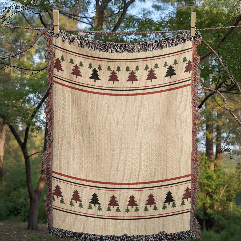 Evergreen Pine Forest Christmas Throw Blanket | Handwoven Fringed Cotton | Woven Tree Holiday Throw