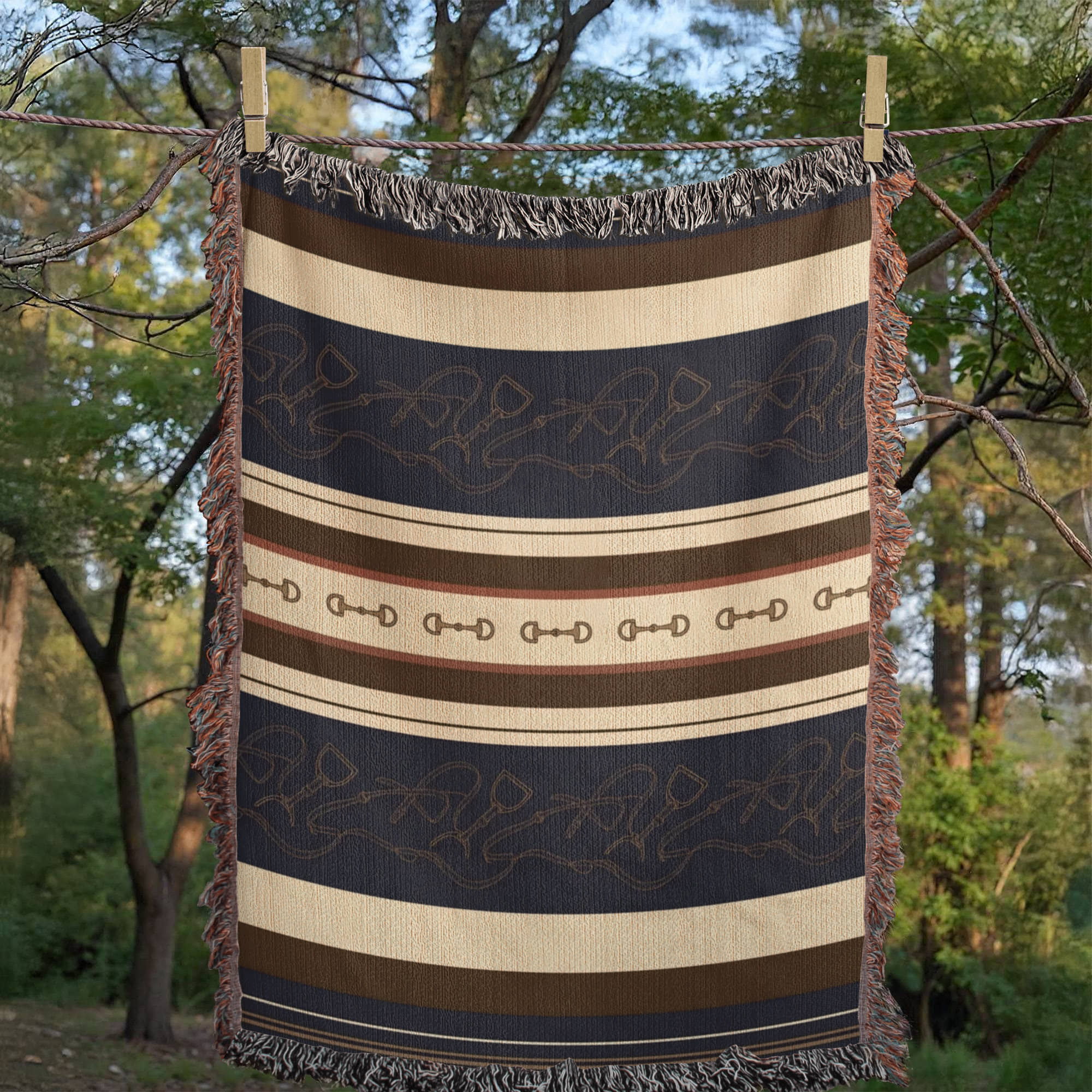 Woven mockup of the Stirrup Row equestrian design showing the navy and cream stripe pattern with horseshoe motif, before final rendering — Trini Skies