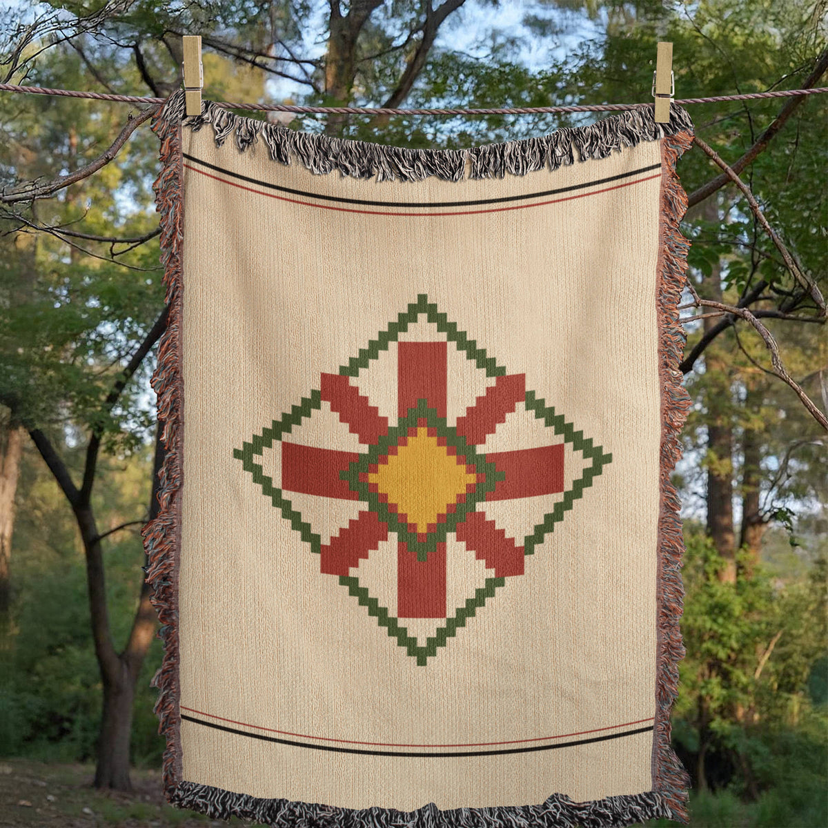 Lodestar Star Medallion Christmas Throw Blanket | Handwoven Fringed Cotton | Kilim Star Heirloom