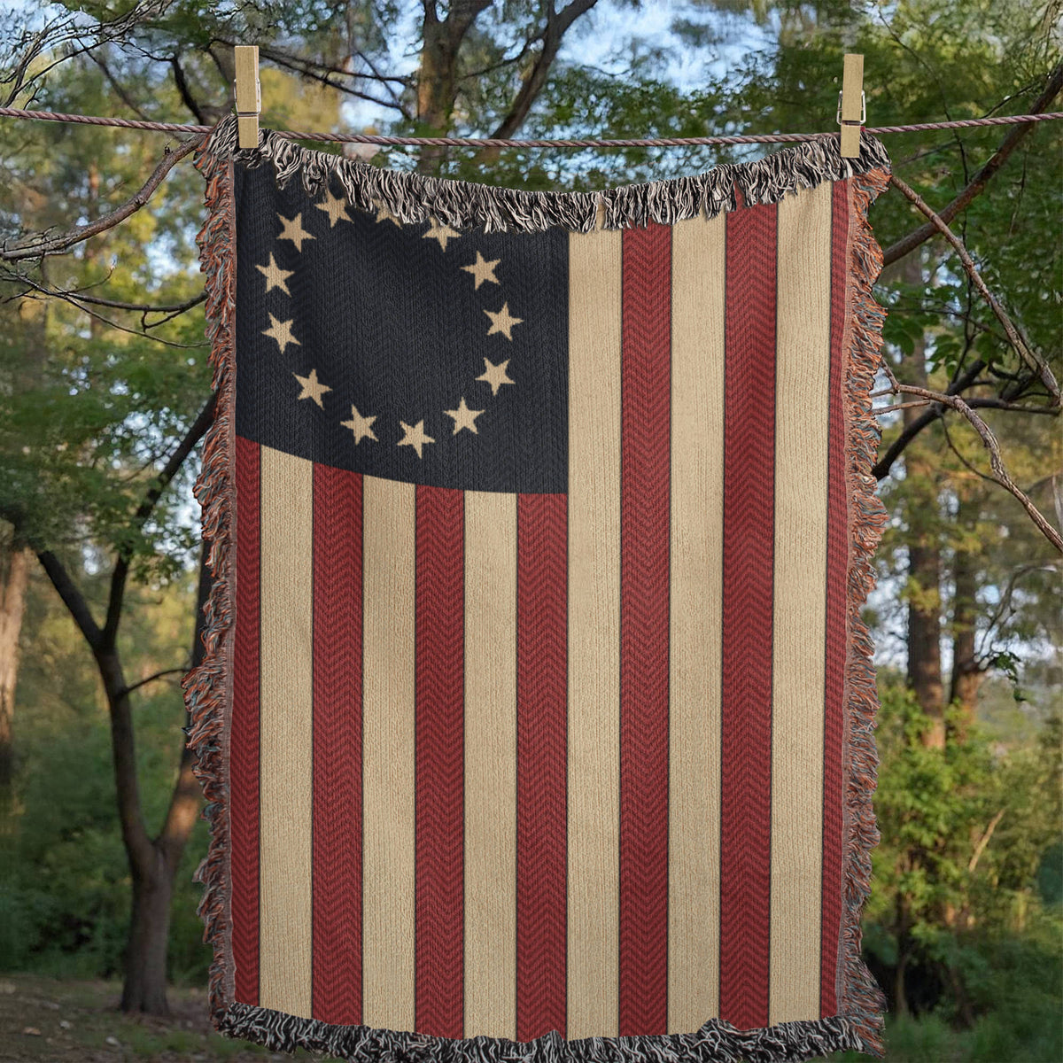 Betsy Ross Flag Woven Throw Blanket – 13 Star 1777 Colonial American Flag, Vintage Cotton Tapestry, Made in USA
