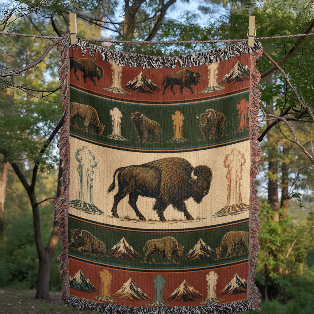 Bison Cotton Woven Throw Blanket in Yellowstone Lamar Valley design hanging outdoors among pine trees, showing the woven bison, geyser, and mountain pattern in rust, hunter green, and ivory — Trini Skies