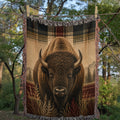 Heritage Buffalo woven cotton throw blanket flat product shot showing full jacquard bison portrait with heritage plaid border and multicolor fringe on all four sides