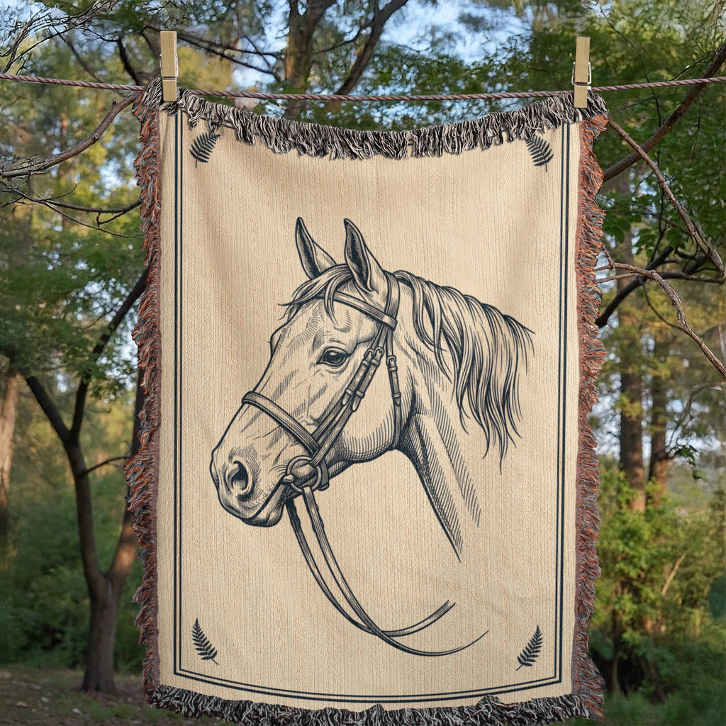Close-up detail of the Quiet Mare woven cotton throw blanket showing horse portrait linework and fringe trim — Trini Skies
