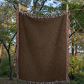 Solid espresso brown woven cotton throw blanket, flat lay studio shot showing the uniform color, woven texture, multicolor side fringe, and black-and-white top and bottom fringe — Trini Skies