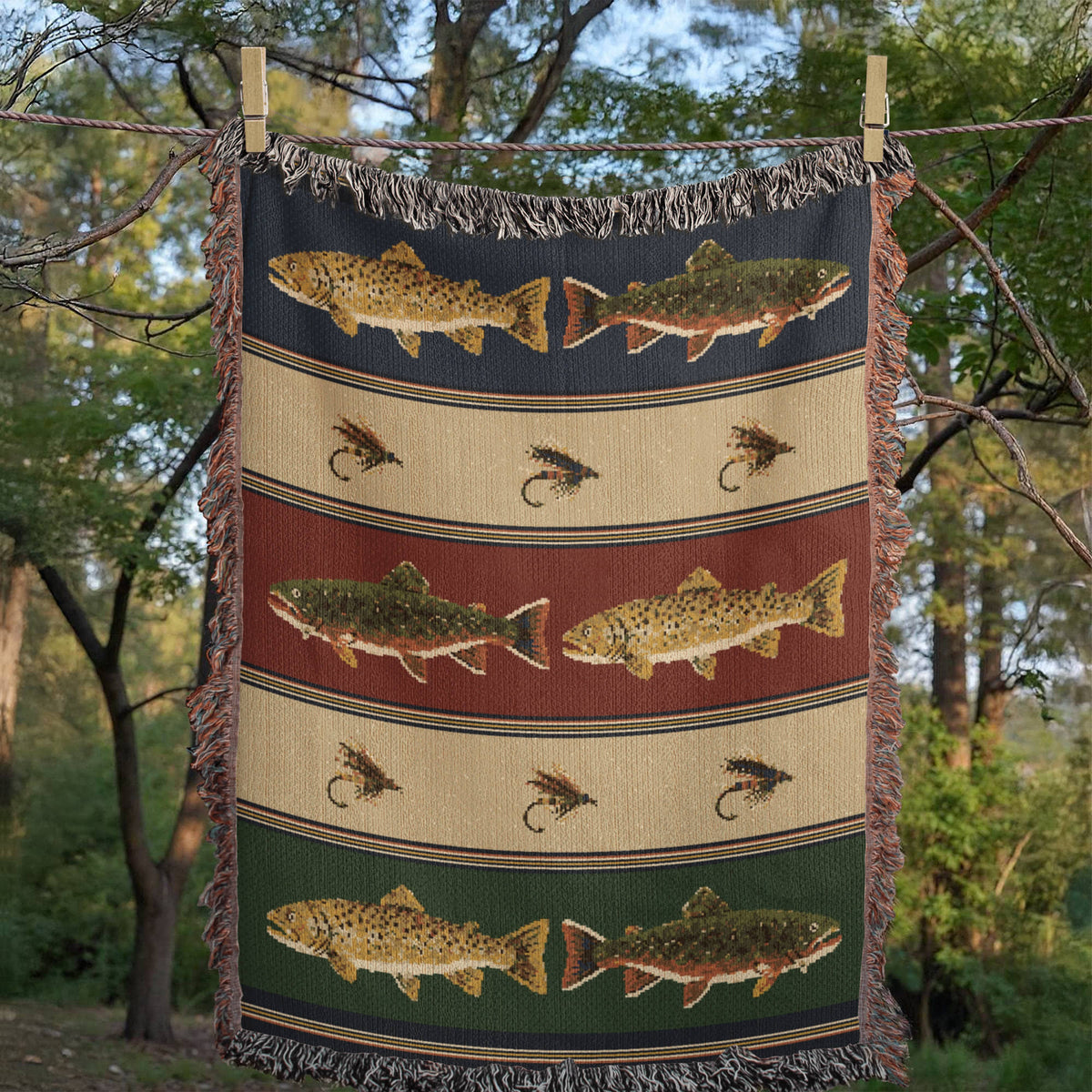 Trout Woven Cotton Throw Blanket — Brook & Brown · Multi Color Striped — Fly Fishing Lake House Fringe Throw