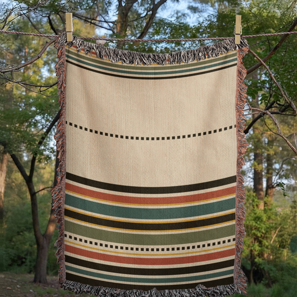 Fringe Echo Multicolor Striped Woven Cotton Throw Blanket with Fringe — Rust Teal Olive Gold Boho Throw for Couch & Bed