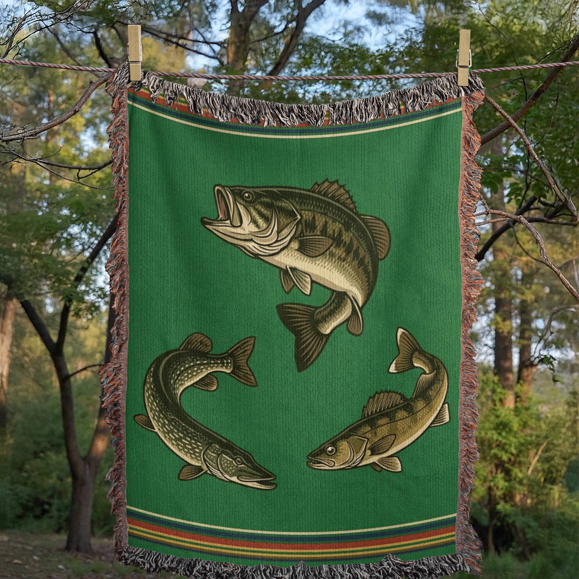 Woven mockup of The Lake Country design showing the bass mid-strike, coiled pike, and gliding walleye on a vibrant forest green field with heritage stripe border, before final rendering — Trini Skies