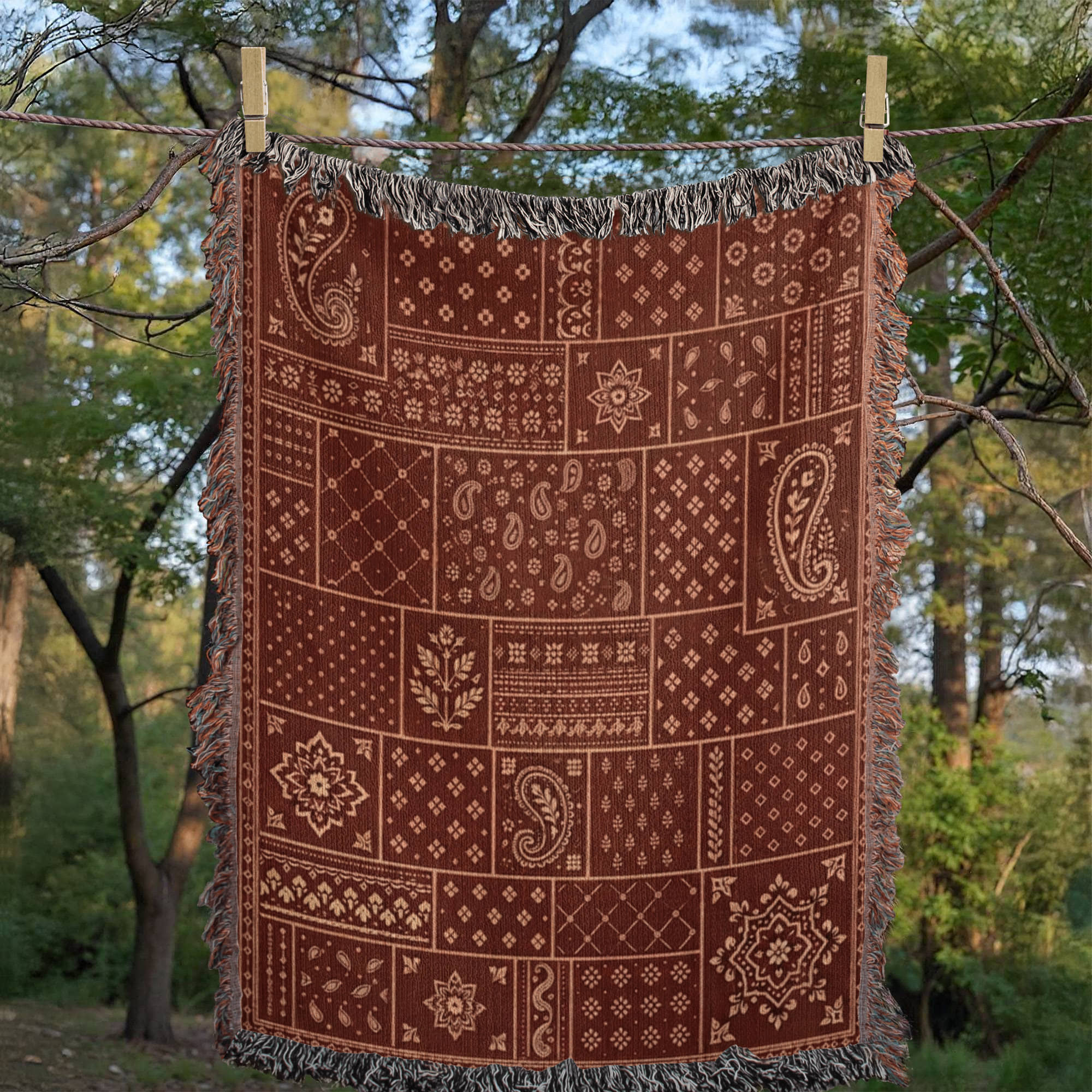 Sundown Bandana paisley patchwork woven cotton throw blanket in brick red and burgundy, hung outdoors showing the full jacquard weave and multicolor fringe — Trini Skies