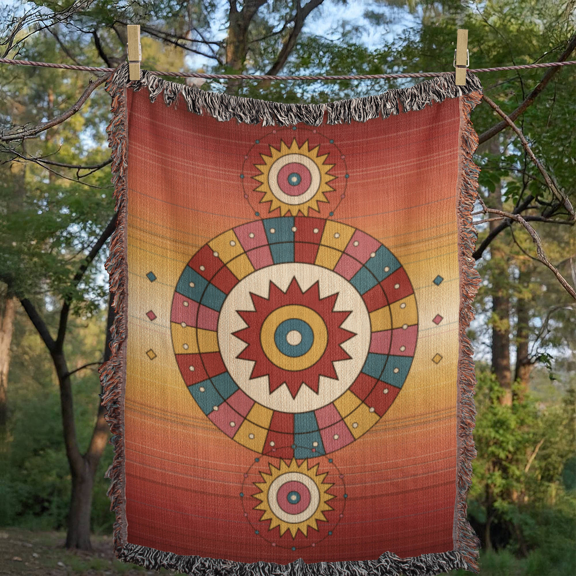 Woven mockup of the Festival Sundance Sunburst design showing the oxblood-to-dawn ombré field and radiant sunburst medallion pattern before final rendering — Trini Skies