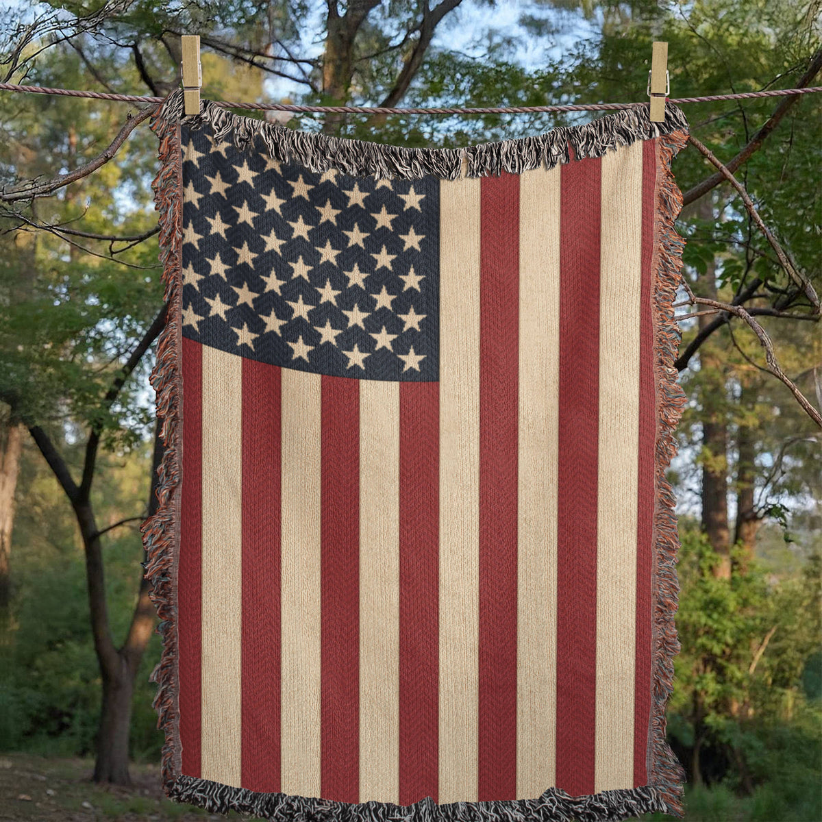 American Flag Woven Throw Blanket – 50 Star USA Flag Cotton Tapestry with Fringe, Patriotic Home Decor, Made in USA