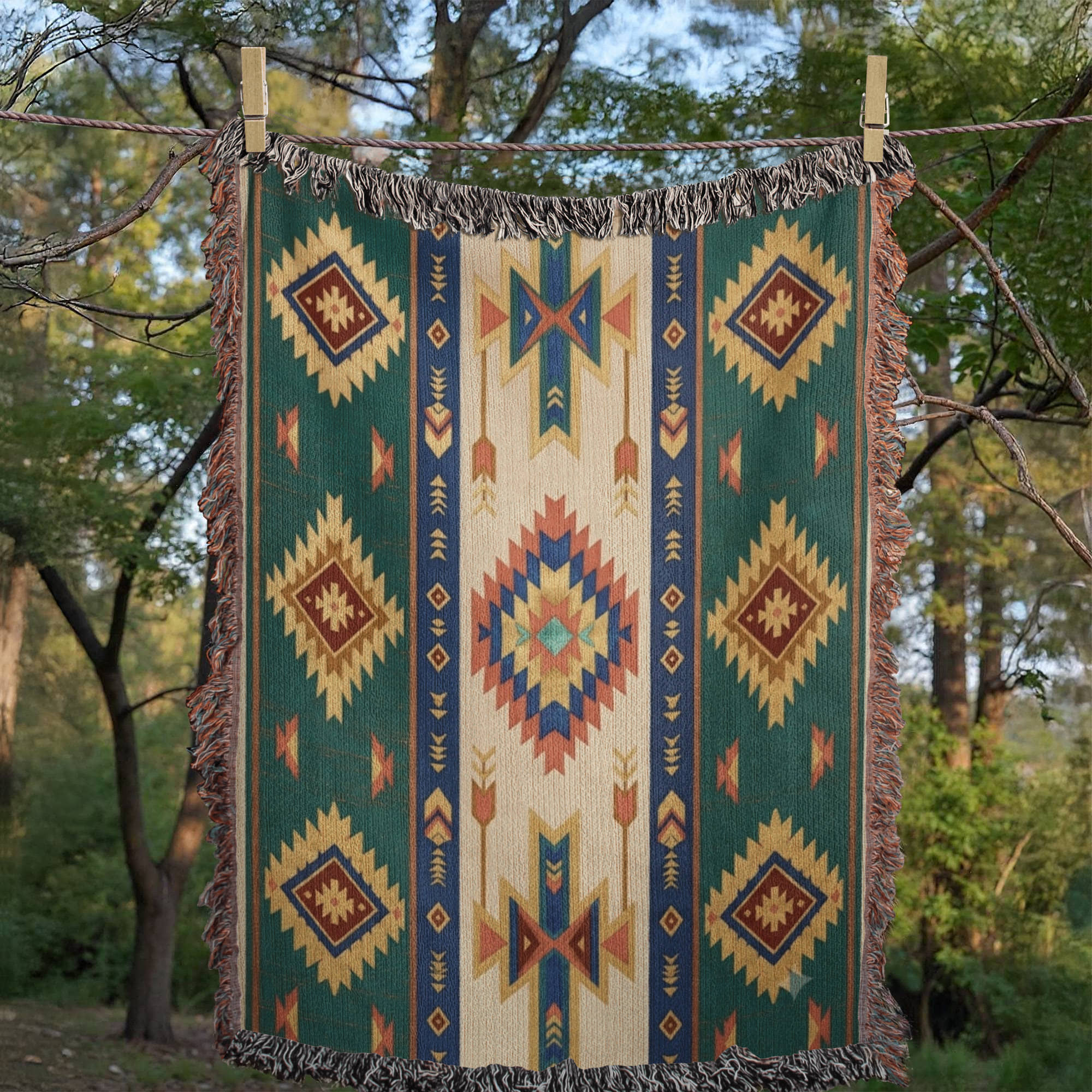 Spruce Mesa Southwestern woven throw with fringe hung outdoors among the trees — Trini Skies
