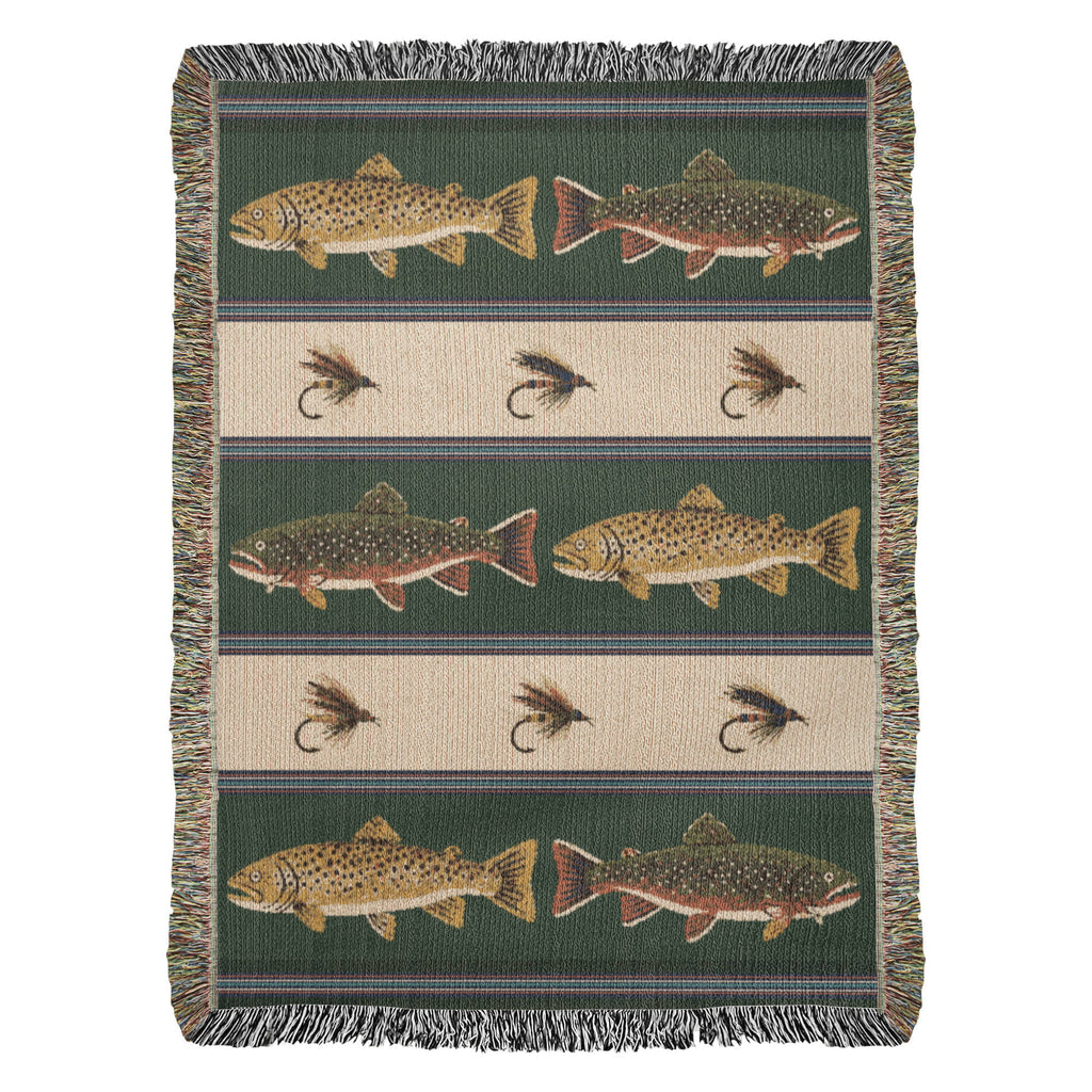 Brook Trout Fly Fishing Throw Blanket – Navy Woven Cotton Tapestry with Fringe, Lake House Decor, Angler Gift, Made in USA