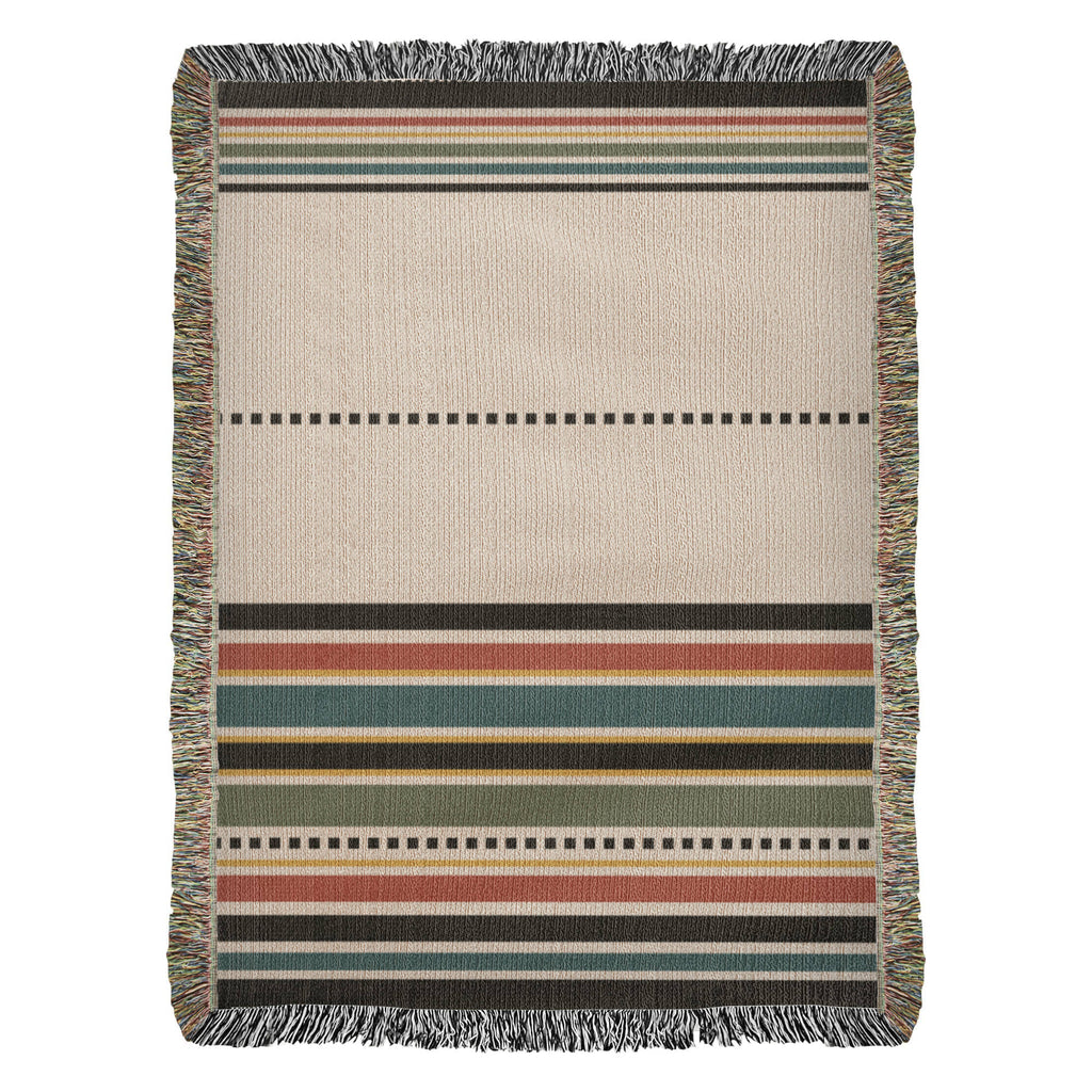 Fringe Echo Multicolor Striped Woven Cotton Throw Blanket with Fringe — Rust Teal Olive Gold Boho Throw for Couch & Bed