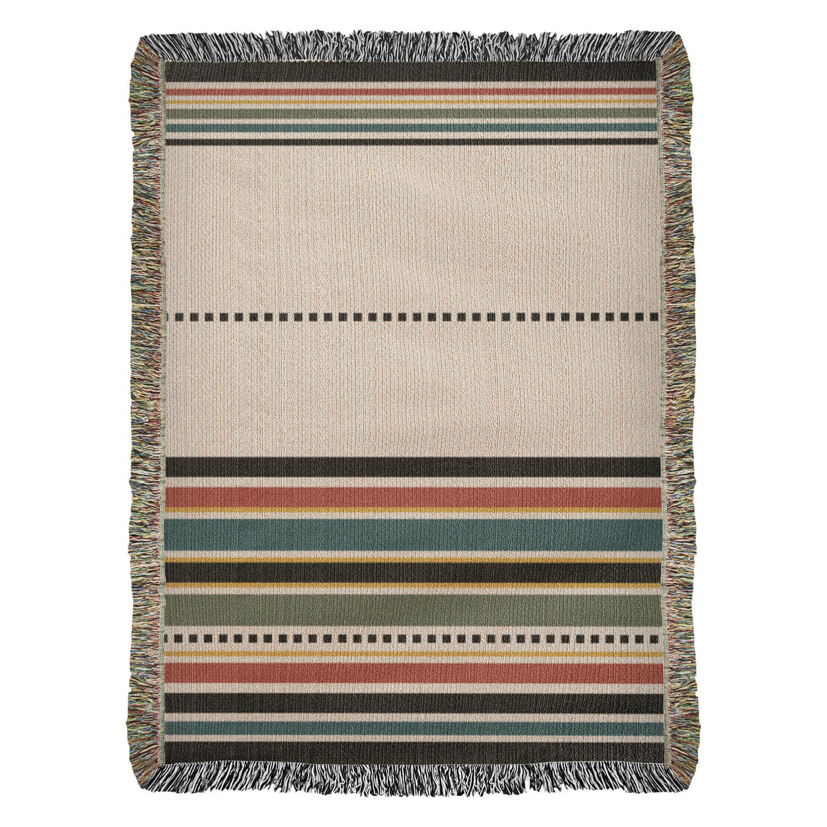 Fringe Echo Multicolor Striped Woven Cotton Throw Blanket with Fringe — Rust Teal Olive Gold Boho Throw for Couch & Bed