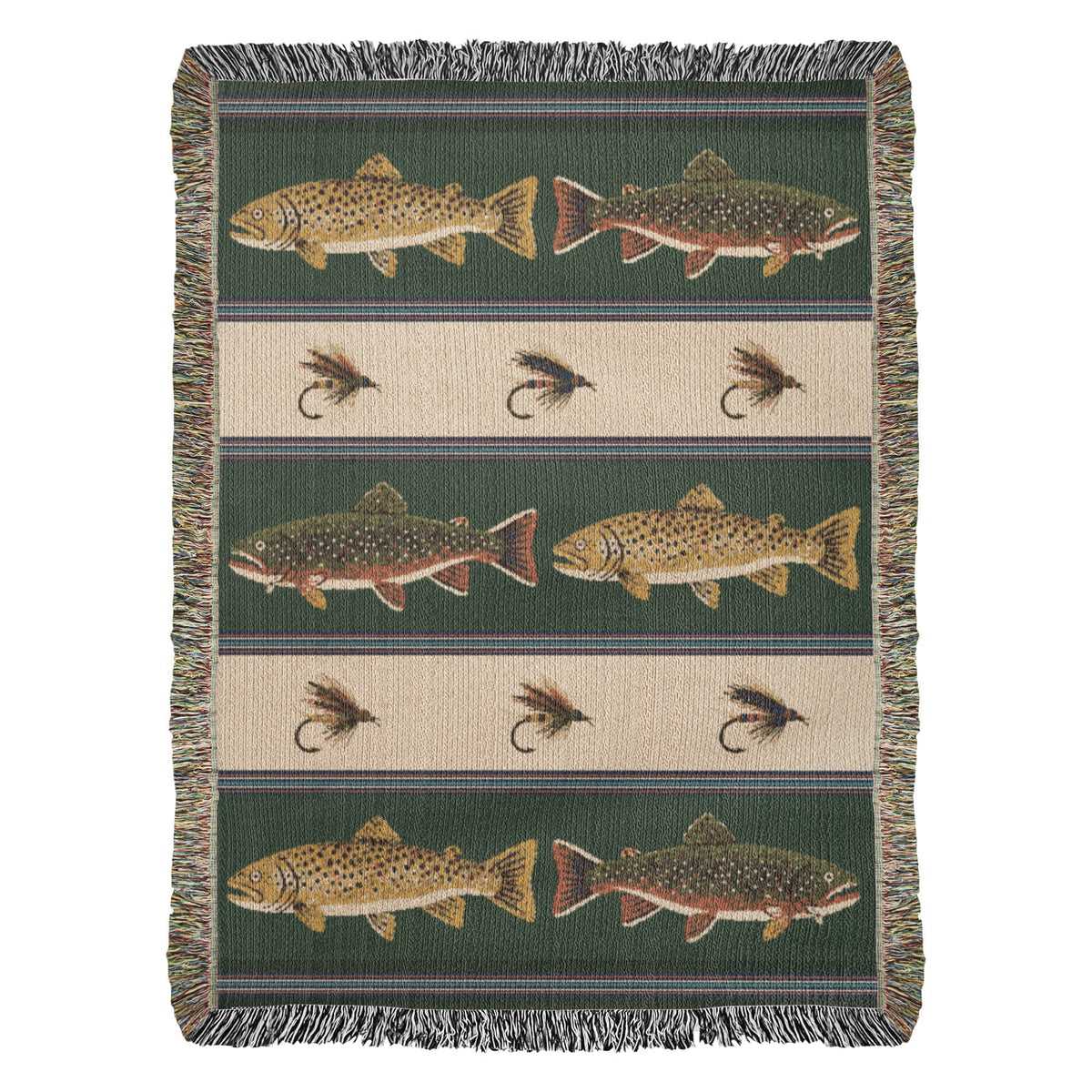 Brook and Brown Trout Woven Throw Blanket – Fly Fishing Lodge Decor, Red Cotton Tapestry with Fringe, Fisherman Gift, Made in USA