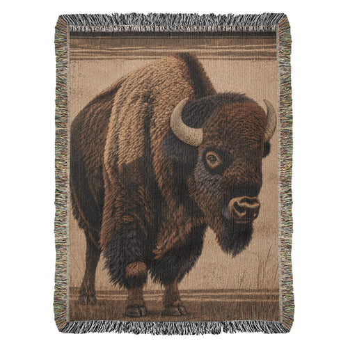 American Bison woven cotton throw blanket, a wildlife statement piece with multicolor fringe — Trini Skies