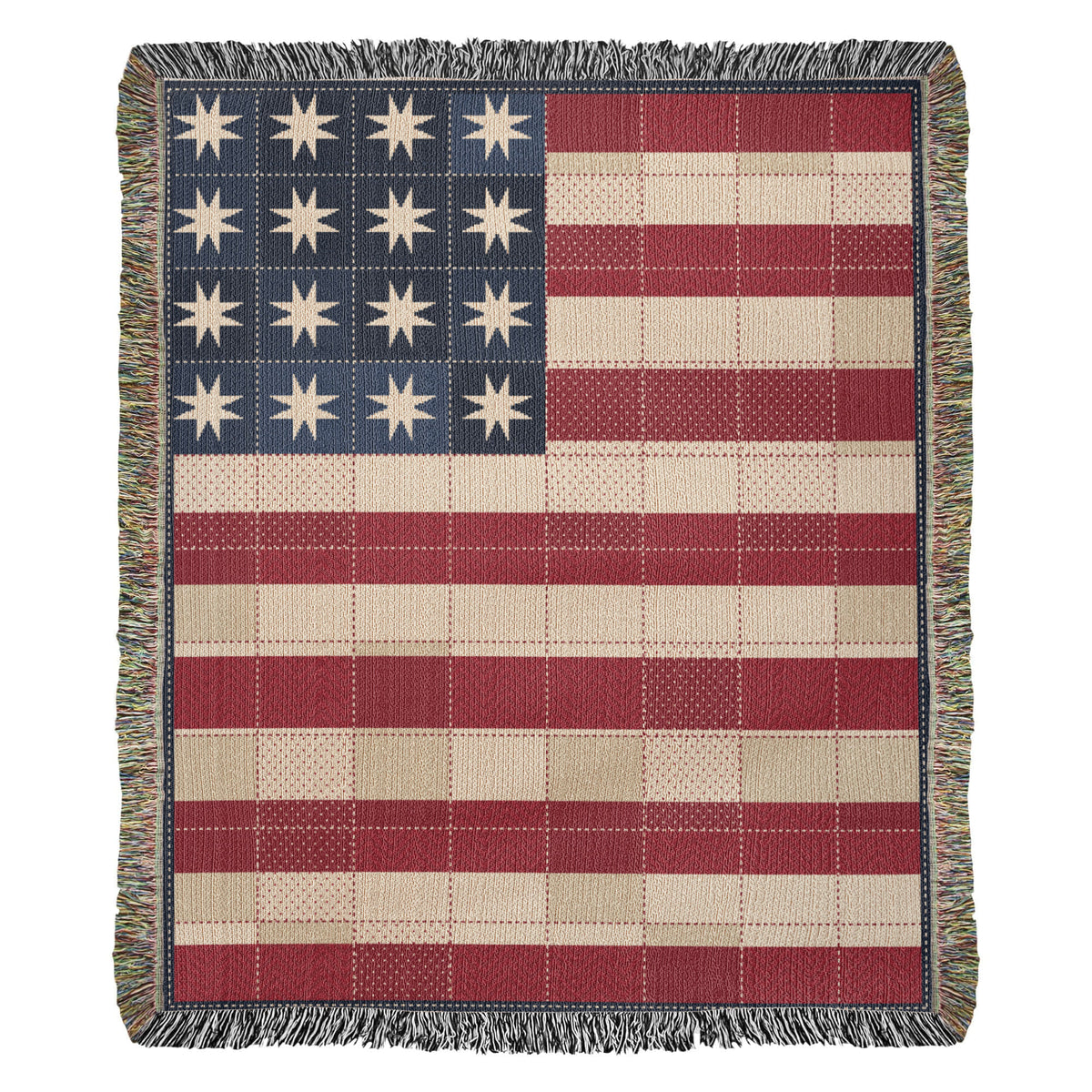 Quilt Style American Flag Woven Throw Blanket – Patchwork Star Americana, Farmhouse Cotton Tapestry, Made in USA
