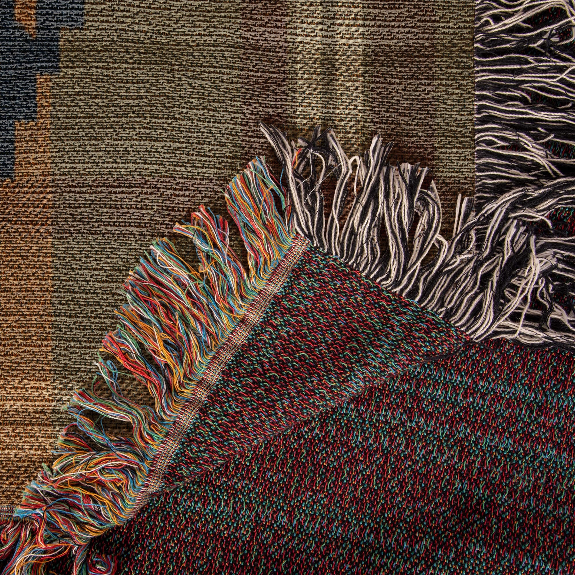 Multicolor fringe detail on woven cotton buffalo heritage throw blanket