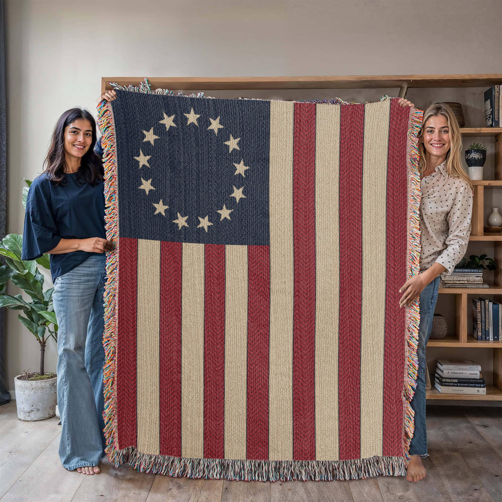 Betsy Ross Flag Woven Throw Blanket – 13 Star 1777 Colonial American Flag, Vintage Cotton Tapestry, Made in USA