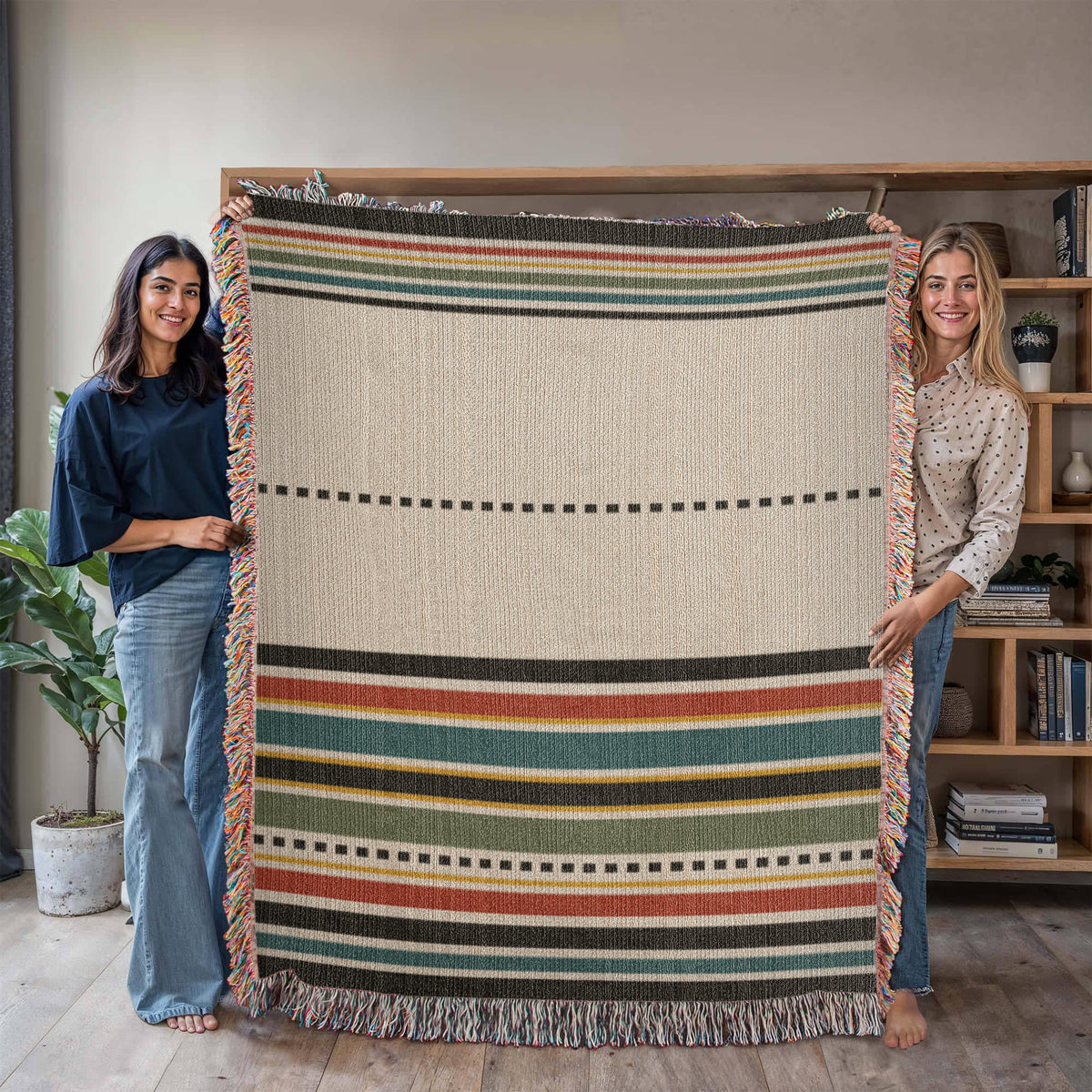 Fringe Echo Multicolor Striped Woven Cotton Throw Blanket with Fringe — Rust Teal Olive Gold Boho Throw for Couch & Bed
