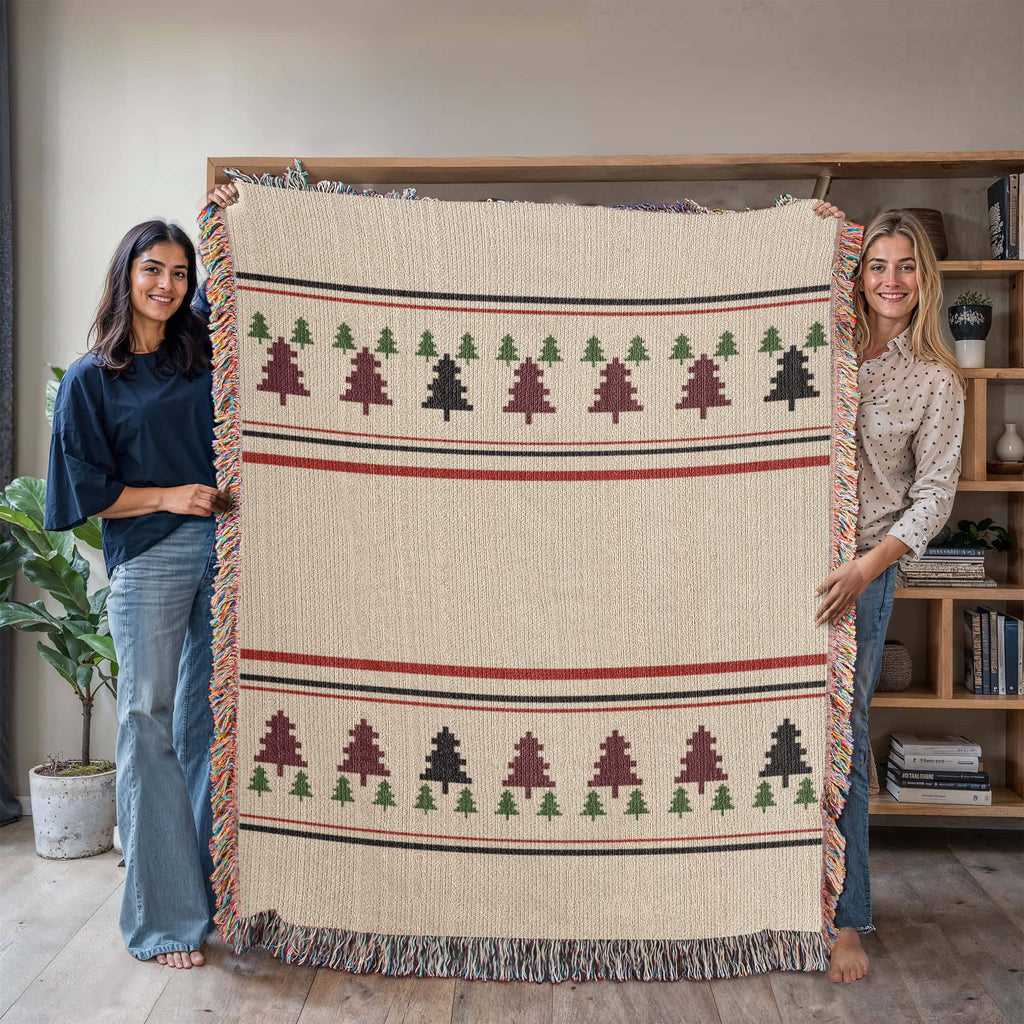 Evergreen Pine Forest Christmas Throw Blanket | Handwoven Fringed Cotton | Woven Tree Holiday Throw