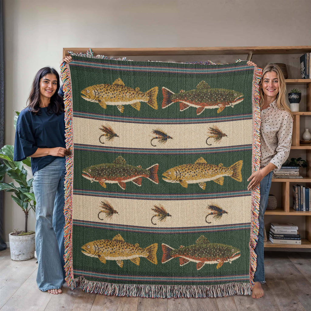 Brook Trout Fly Fishing Throw Blanket – Navy Woven Cotton Tapestry with Fringe, Lake House Decor, Angler Gift, Made in USA