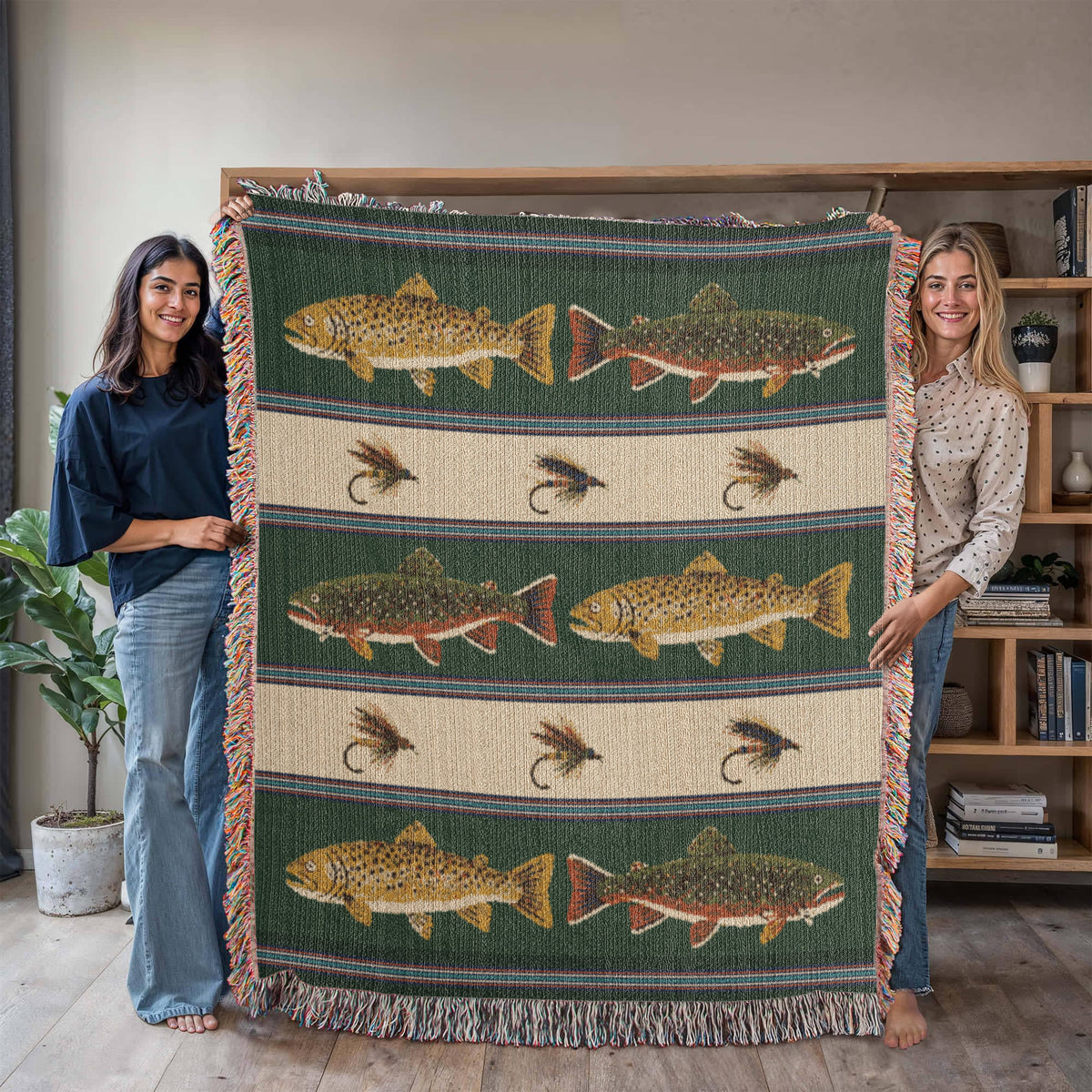 Brook Trout Fly Fishing Throw Blanket – Navy Woven Cotton Tapestry with Fringe, Lake House Decor, Angler Gift, Made in USA