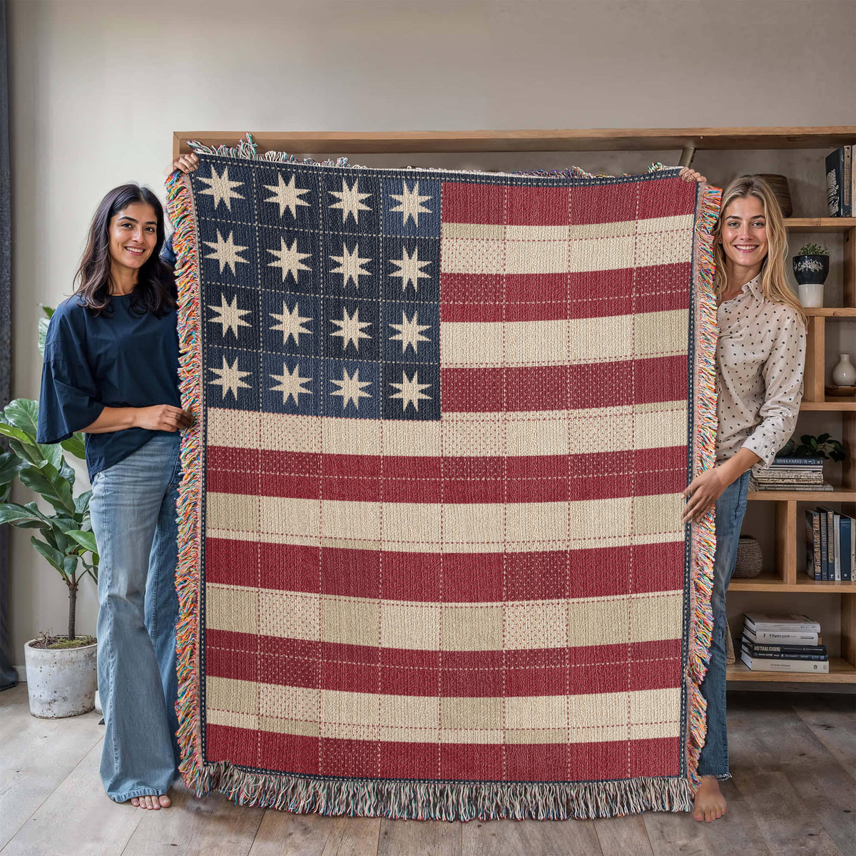 Quilt Style American Flag Woven Throw Blanket – Patchwork Star Americana, Farmhouse Cotton Tapestry, Made in USA