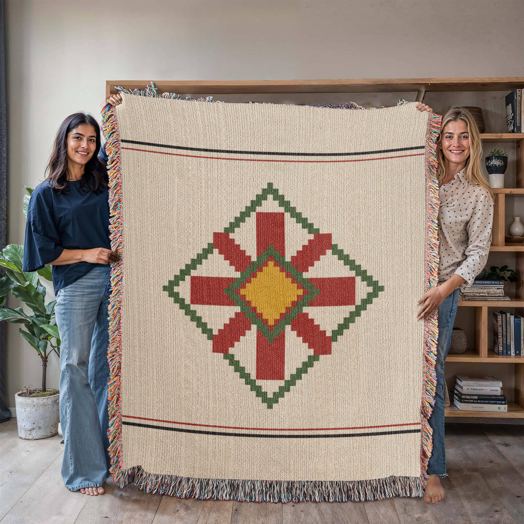 Lodestar Star Medallion Christmas Throw Blanket | Handwoven Fringed Cotton | Kilim Star Heirloom