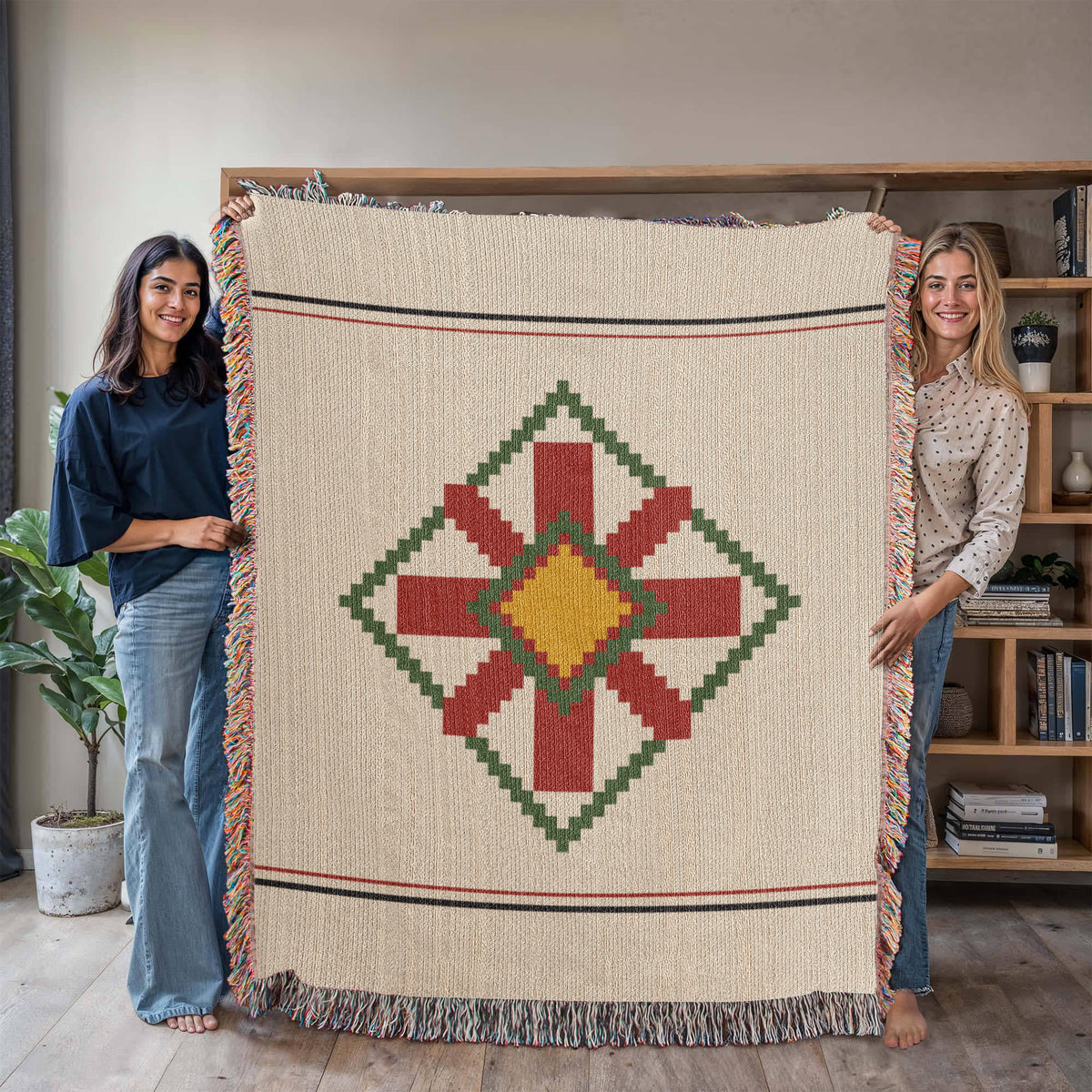 Lodestar Star Medallion Christmas Throw Blanket | Handwoven Fringed Cotton | Kilim Star Heirloom