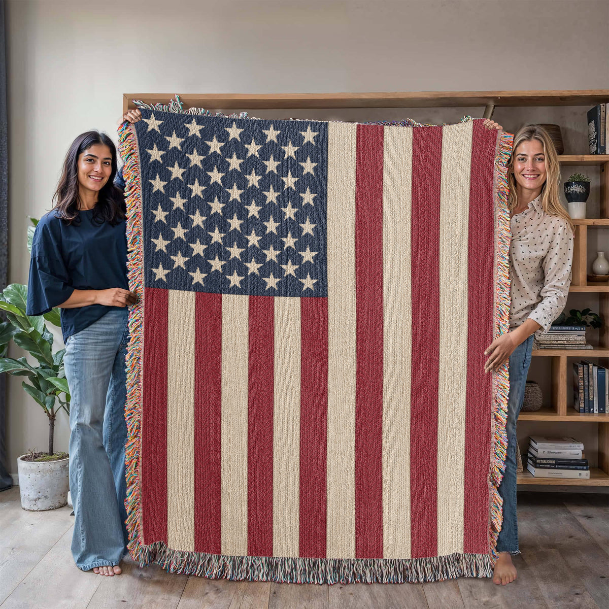 American Flag Woven Throw Blanket – 50 Star USA Flag Cotton Tapestry with Fringe, Patriotic Home Decor, Made in USA