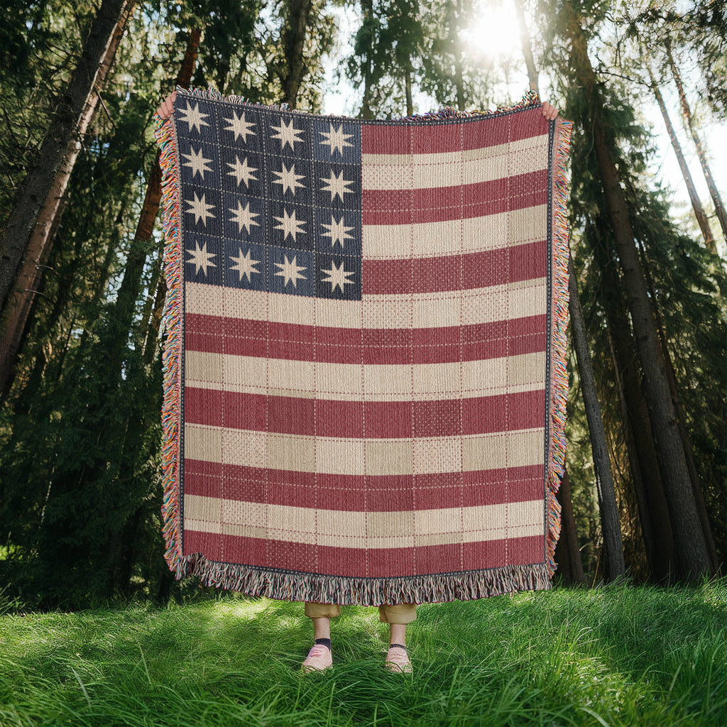 Quilt Style American Flag Woven Throw Blanket – Patchwork Star Americana, Farmhouse Cotton Tapestry, Made in USA